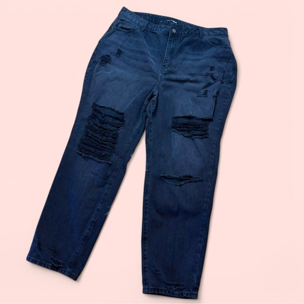 Fashion Nova Black Distressed Denim Ripped High Waisted Straight Leg Jeans - Picture 4 of 7